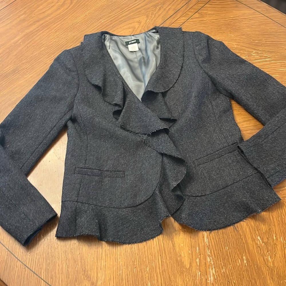 J. Crew wool tweed fitted raw hem ruffle trim navy blue blazer jacket sz 2 EUC